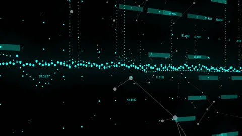 Animating teal waveform with linked node icons and floating numeric bars across Stock Footage 307461019