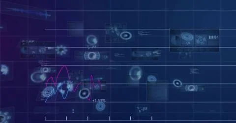 Animating translucent panels in dark gradient, showing magenta cyan waveform +1 Foto stock