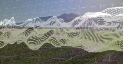 Animating translucent white grid and dotted waves undulating across meadow, with Stock Photos