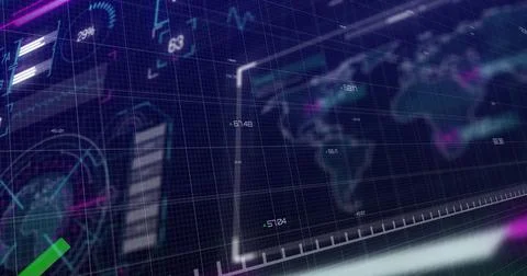 Animating UI panels projecting line charts and bar graphs in virtual dashboard, Illustrazione stock