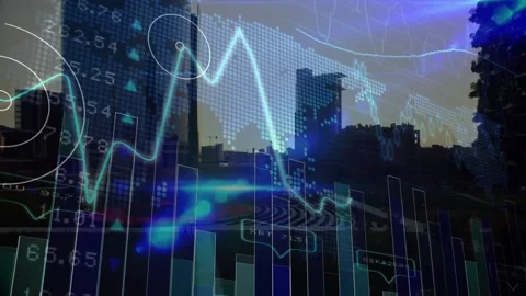 Animating urban skyline overlay blending flat design bar charts, line graphs, Video stock 330175657