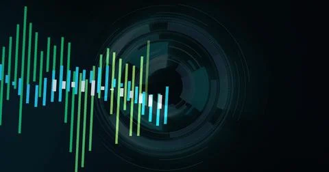 Animating vertical audio bars moving across dark digital dashboard, showing HUD Stock Illustration