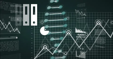 Animating vertical node sequence glowing DNA helix, floating over green grid Video stock 308657323