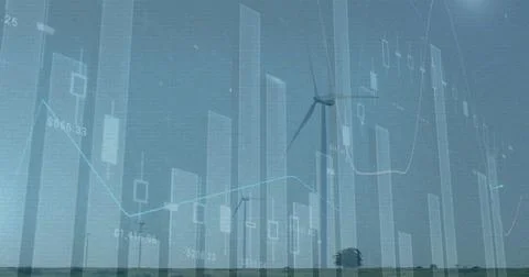 Animating of vhs glitch effect over statistical data processing against spinning Stock Photos