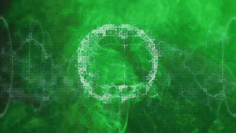 Animating white pixelated lips waveform floating over swirling green smoke in Stock Footage 307651657
