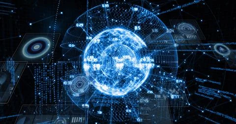 Animating wireframe globe pulsing in cyberspace with UI panels, numeric overlays 스톡 일러스트