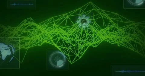 Animating wireframe mesh peaks on digital dashboard, with globe, circular HUD, Stock Illustration