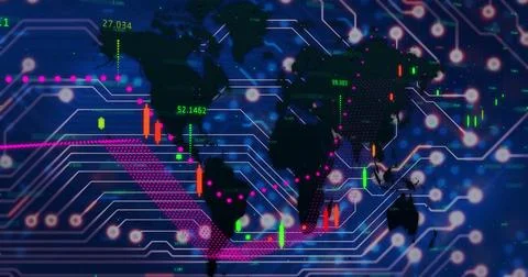 Animating world map in dashboard, with neon network lines, dot nodes, Foto stock