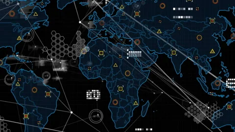 Animating world map with data points and network connections over dark grid Stock Footage 304019958
