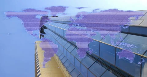 Animating world map over modern glass building Vídeos de archivo 303615894