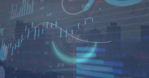 Animation of 0 with percentile in circle over graphs, loading circle and trading Stock Footage 330344652