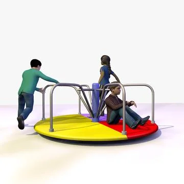 Animation of 3 Children Playing on Playground Roundabout 3D Model