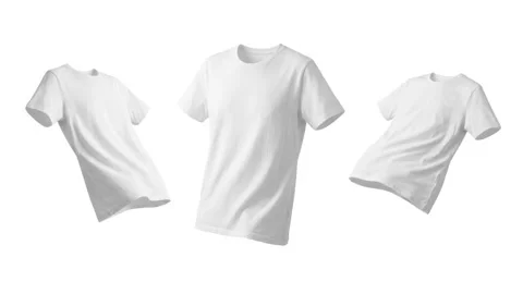 Animation of 3 plain white floating t-shirts isolated on white Stock Footage 337553085