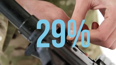 Animation of 35 percent over hands of caucasian soldier with weapon Stock Footage 330590482