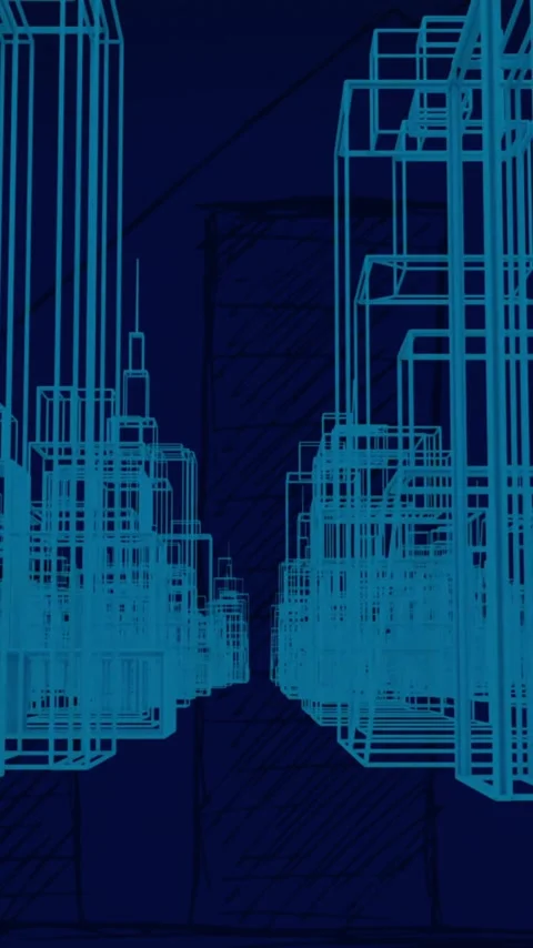 Animation of 3d architectural line drawings of buildings in city street Vídeos de archivo 342805929