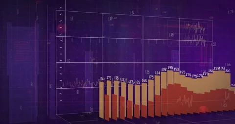Animation of 3D bar graph overlaying numerical data on digital financial chart Stock Footage 304857470