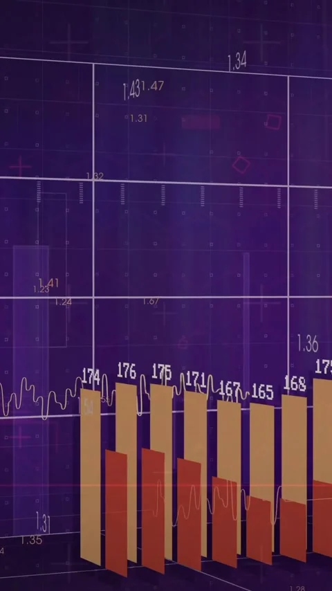 Animation of 3D bar graph overlaying numerical data on digital financial chart Stock Footage 321592246