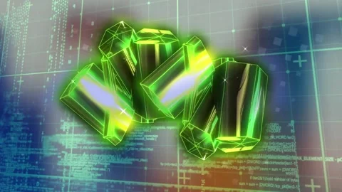 Animation of 3d bars over grid pattern against computer language on abstract Stock Footage 244785444