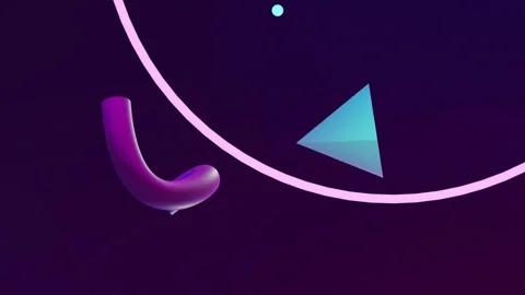 Animation of 3d blue and purple shapes rotating over triangle, ring and network Stock Footage 312533017