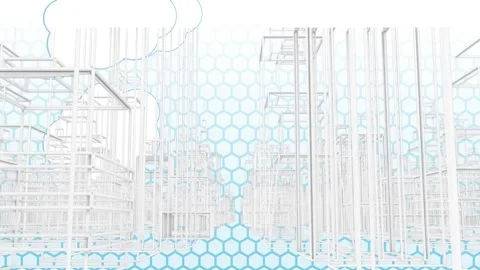 Animation of 3d blue line buildings in futuristic cityscape and hexagons on Stock Footage 328239507