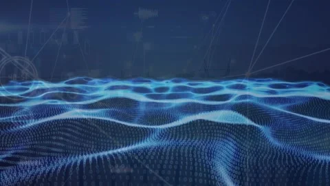 Animation of 3d blue neon landscape, connecting dots with data processing on Stock Footage 327201536