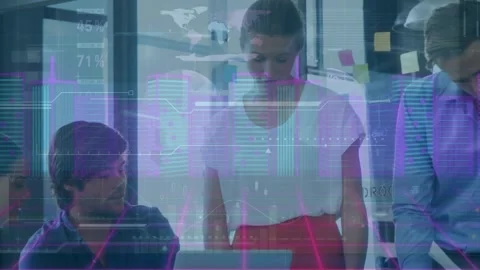 Animation of 3d buildings and data processing over diverse colleagues discussing Stock Footage 327783318