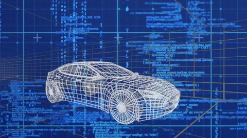 Animation of 3d car drawing driving with data processing over grid Stock Footage 316517225