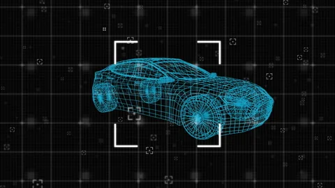 Animation of 3d car drawing, scope scanning and data processing Stockbeeldmateriaal 155644717