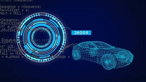 Animation of 3d car drawing, scope and data processing over dark background Stock Footage 329297224