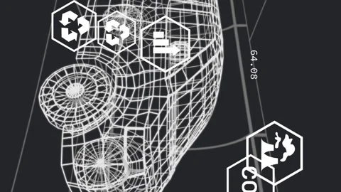 Animation of 3d car with multiple icons and programming language moving on black Stock Footage 312848097