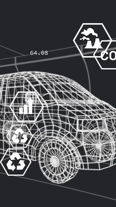 Animation of 3d car with multiple icons and programming language moving on black Stock Footage 321625545