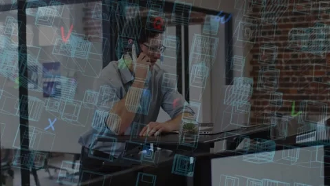 Animation of 3d city drawing over businessman in office Stock Footage 329780700