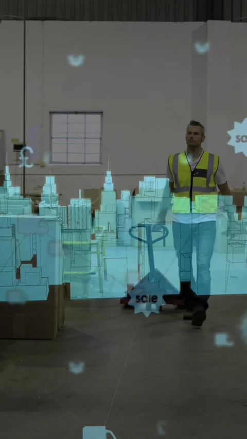 Animation of 3d city model and icons over caucasian warehouse worker Stock Footage 322880477