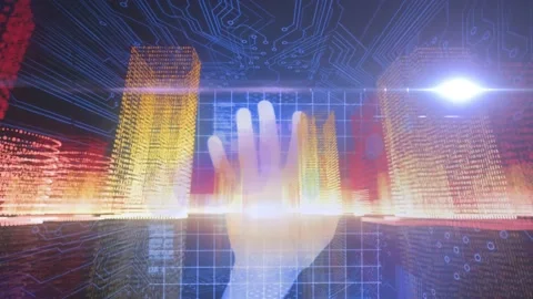 Animation of 3d city model over human head against microprocessor connections on Video stock 327584530