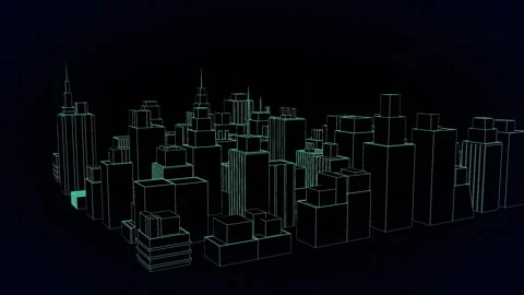Animation of 3d cityscape spinning over networks of connections on black Stock Footage 313575051