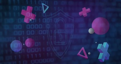 Animation of 3d crosses, triangles and spheres over padlock, shield and binary Stock Footage 328707820