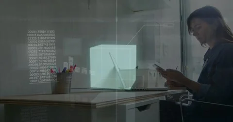Animation of 3d cube, graph and binary codes over caucasian woman picking up Stock Footage 326298573
