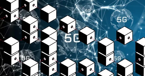 Animation of 3D cubes with 5G network connections over digital world map Stock Footage 305728394