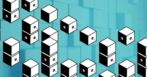Animation of 3D cubes connected by lines over blue geometric school background Stock Footage 303870206