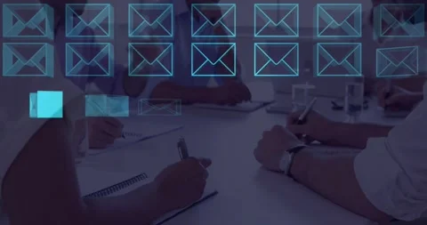 Animation of 3d envelope icons over diverse coworkers writing in notepad and Stock Footage 248971031