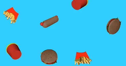 Animation of 3D fast food falling blue screen in seamless looping animation Stock Footage 151249915