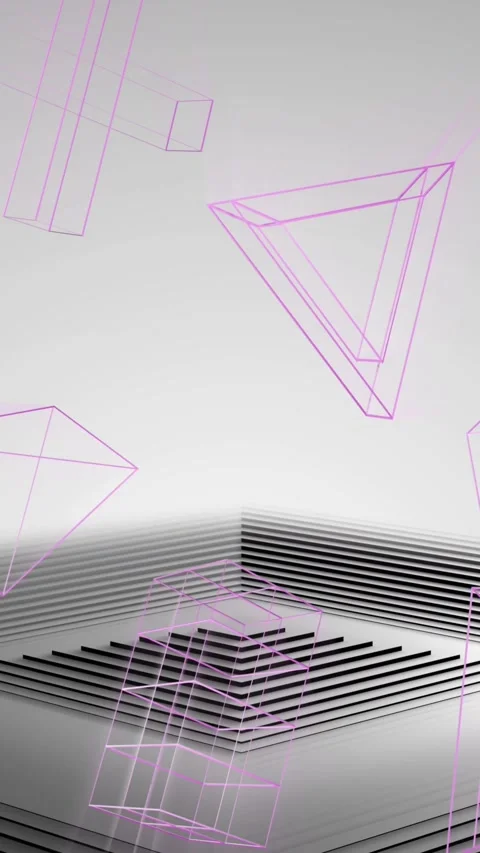 Animation of 3d geometric shapes over black and grey pyramid of concentric lines Stock Footage 323897468
