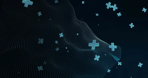 Animation of 3d green crosses floating of curved network lines on black Stock Footage 260791145