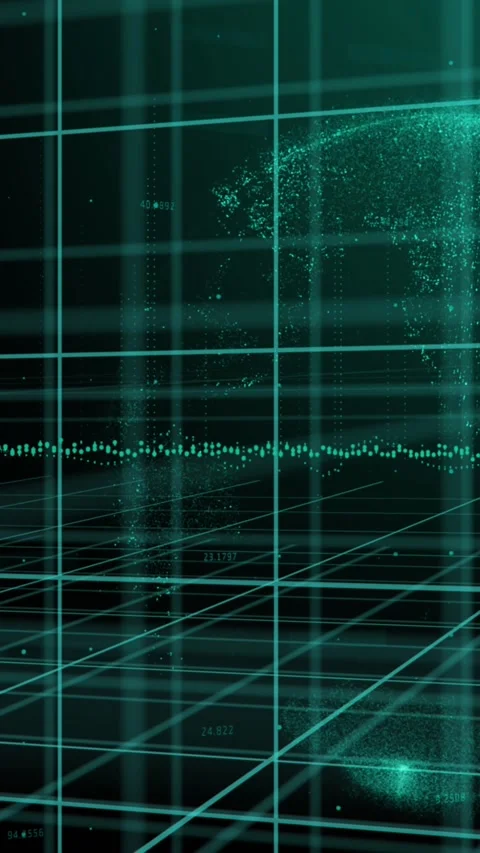 Animation of 3d grid over glowing globe and graph processing data on black Stock Footage 343497390