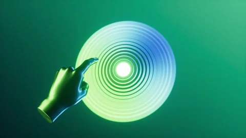 Animation of a 3d hand pushing a glowing button in the center of the screen Stock Footage 328170130