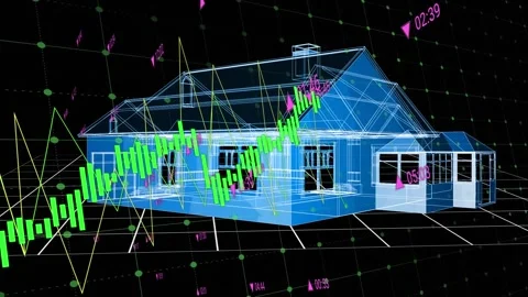 Animation of 3d house model, financial data processing and statistics Stock Footage 328232354