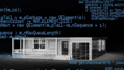 Animation of 3d house models developing on digital interface with coding Stock Footage 328588053