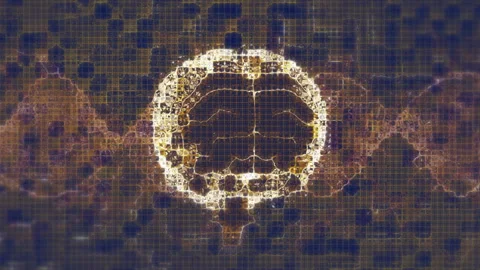 Animation of 3d human brain, dna rotating against abstract pattern on computer Stock Footage 316217483