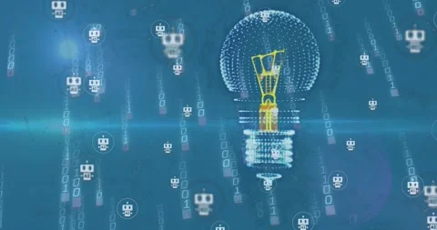 Animation of 3d light bulb over robot icons against falling binary codes on blue Stock Footage 246588877