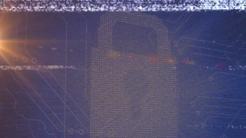 Animation of 3d lock icon on glitch digital interface with light beams Stock Footage 329222804